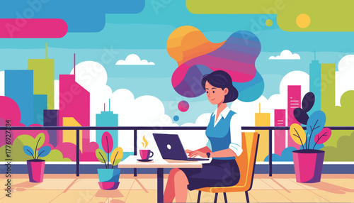 Remote worker on a vibrant city rooftop using a laptop Digital nomad lifestyle and business concept