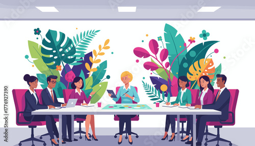 Business meeting with diverse professionals in a modern vibrant office surrounded by colorful tropical plants