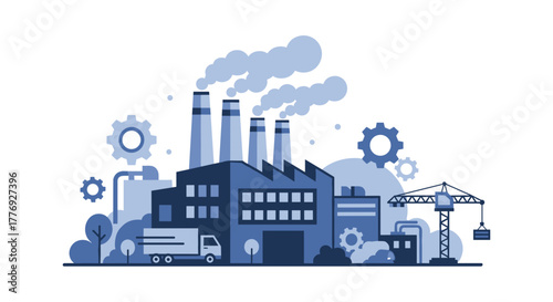 Blue industrial factory illustration Manufacturing production construction and pollution concept