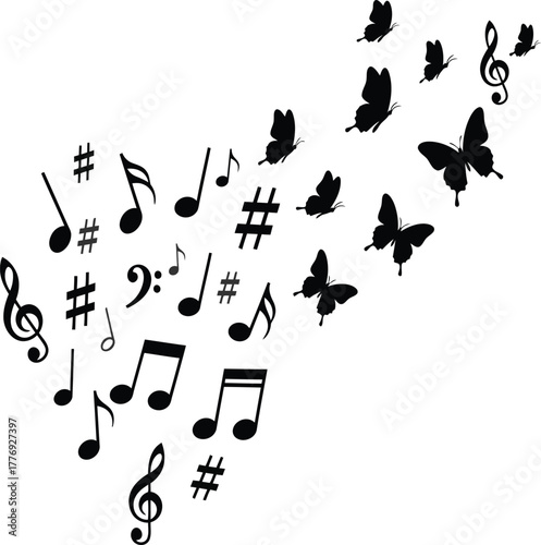 Musical notes and butterflies in flight on a white background Keywords: music, notes, butterfly, flying