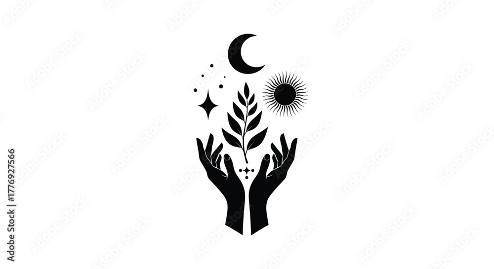Fototapeta premium Hands cradling plant life with sun moon and stars above