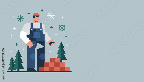 Vector illustration of a buildermason with bricks and trowel in a stylized winter construction scene