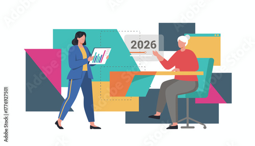 Business women planning 2026 strategy reviewing data analytics and financial projection