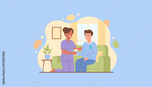 Caring nurse supports patient with teal ribbon at home Healthcare comfort and recovery concept