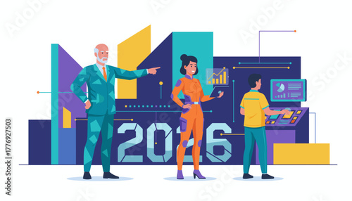 Future business strategy Team planning for 2026 goals with tech and innovation illustration