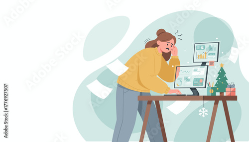 Woman stressed by yearend business deadlines and holiday pressure Burnout illustration
