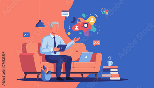 Senior businessman working remotely on a couch managing digital networking and communication