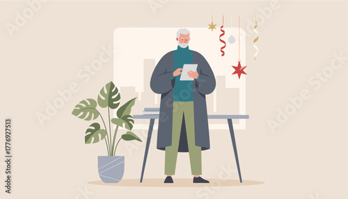 Elderly man uses a tablet in a stylish office decorated for the holiday season