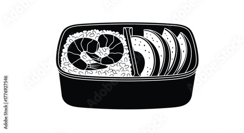 A black and white illustration of a bento box with shrimp and rice