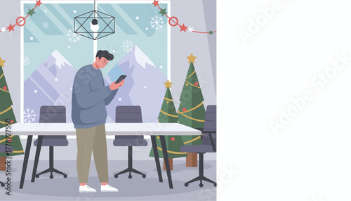 Employee using phone in a festive winter office setting possibly working during the holidays