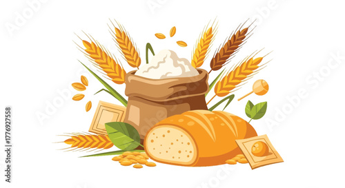 Wheat stalks flour bread and grains ingredients for a delicious bake
