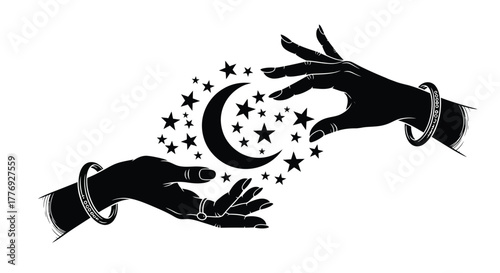 Celestial hands reaching for the moon and sparkling stars above