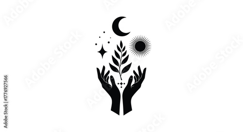 Hands cradling plant life with sun moon and stars above