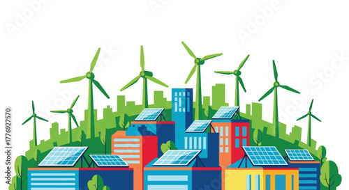 Sustainable city illustration with wind turbines and solar panels for clean energy