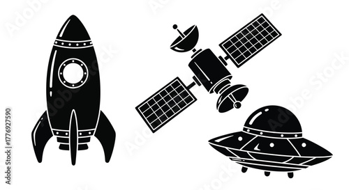 Space exploration icons including a rocket satellite and unidentified flying object