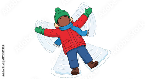 A joyful child pretends to be an angel in the winter snow
