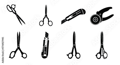 Collection of various black silhouette cutting and styling tools isolated on white
