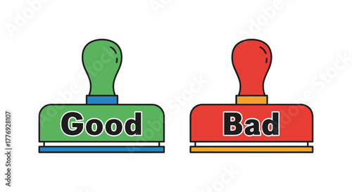 Two rubber stamps displaying contrasting words good and bad side by side