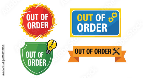 Collection of colorful out of order signs with different design elements