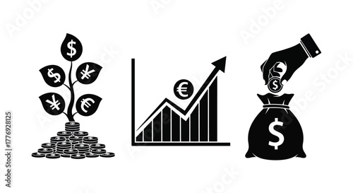 Financial growth illustrated with money symbols charts and a hand investing