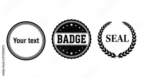 Three black and white circular graphic elements with text and designs