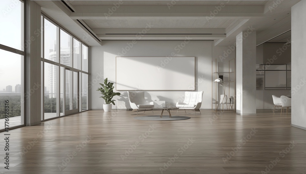 Fototapeta premium Minimalistic exhibition hall interior with blank banner