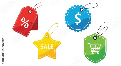 Colorful price tags with sale symbols and discount offers displayed