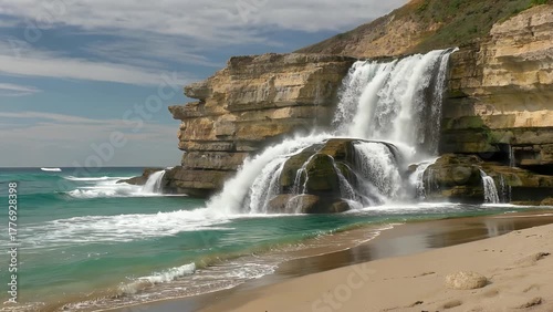waterfall cascading over sedimentary rock formations on an island's western