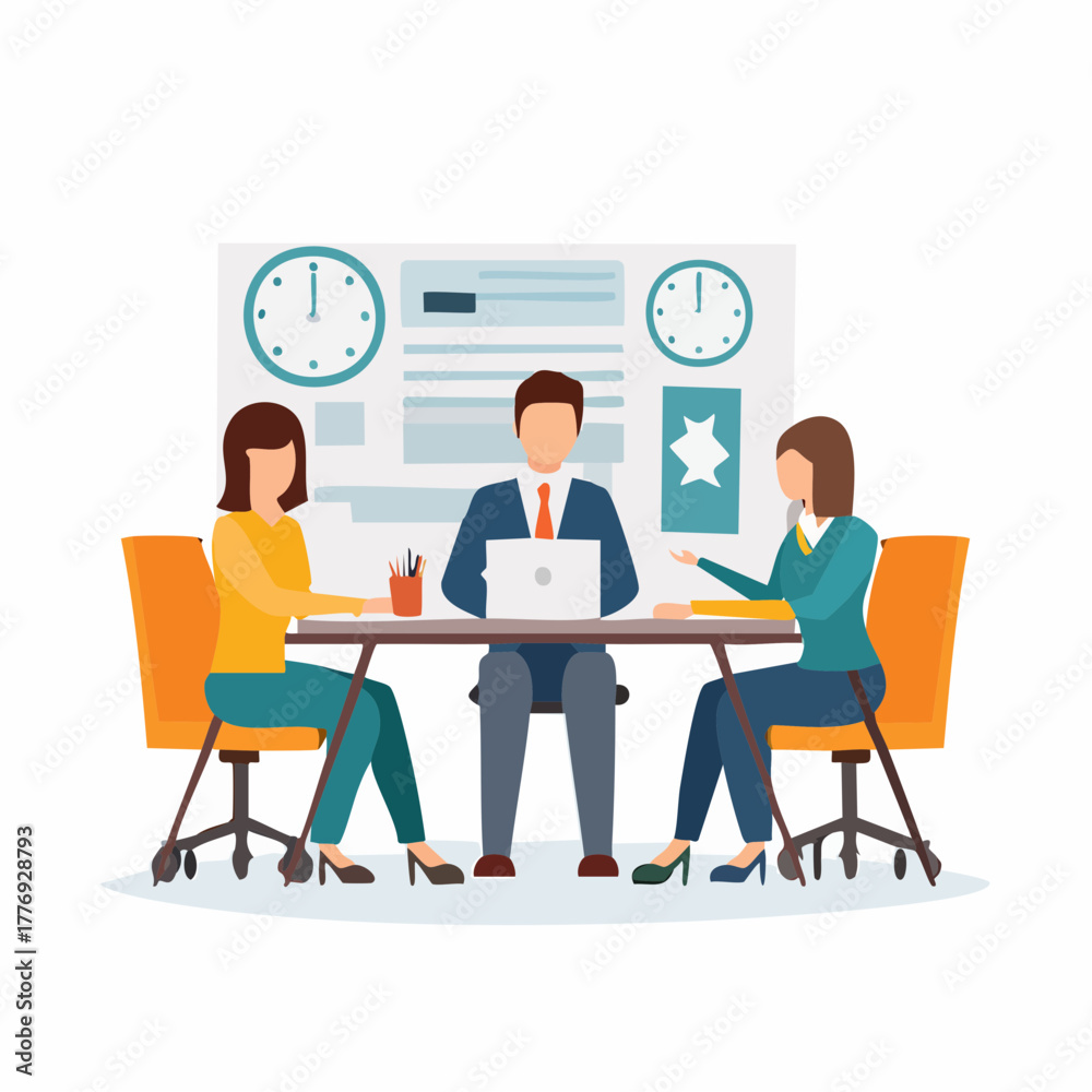 Fototapeta premium Business Meeting Illustration with Three People at a Table.