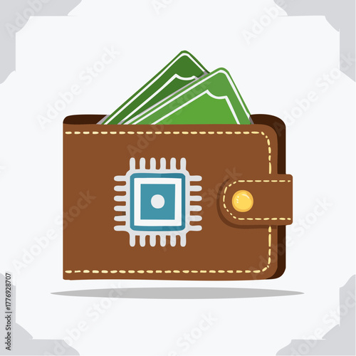 Brown Leather Wallet with Integrated Circuit and Cash.