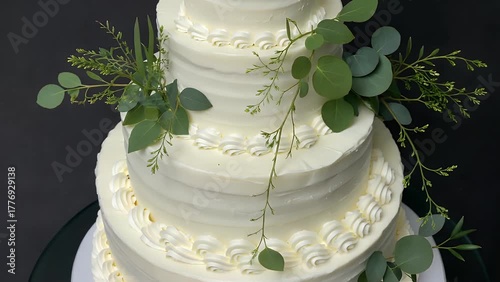 Vertical Perspective of a Multi-Layered Celebration Confection Adorned with Simple White Frosting and Natural Leafy