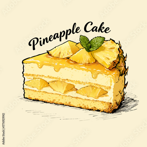 A delicious slice of layered pineapple cake with fresh fruit chunks and mint garnish, a vector dessert illustration