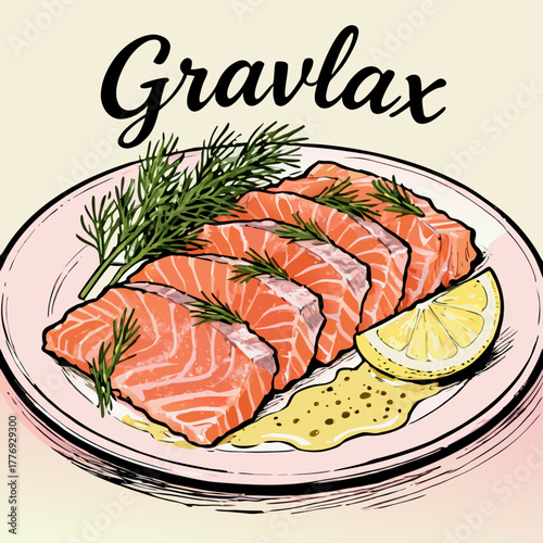 Illustration of a traditional Scandinavian appetizer, fresh cured gravlax salmon served on a platter with dill and mustard sauce