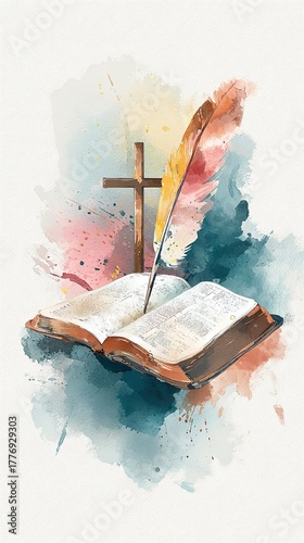 A beautifully illustrated open book with a feather quill and a cross, surrounded by vibrant watercolor splashes, symbolizing faith and creativity.