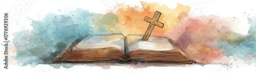 An illustrated open book with a cross emerging from its pages, surrounded by a colorful watercolor background.