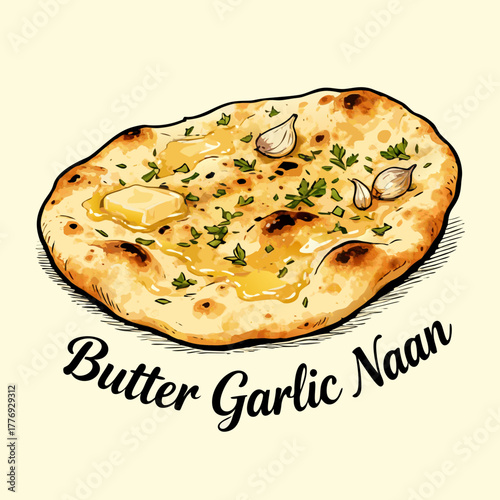 A vector illustration of freshly baked Indian Butter Garlic Naan bread, generously topped with savory melted butter and chopped herbs