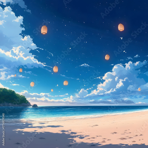 Peaceful beach scene with palm trees and a sailboat.