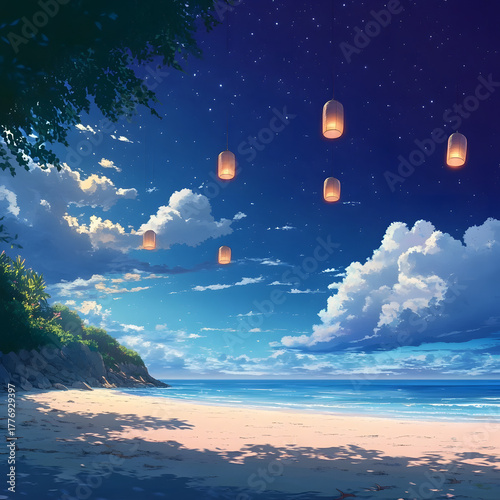 Peaceful beach scene with palm trees and a sailboat.