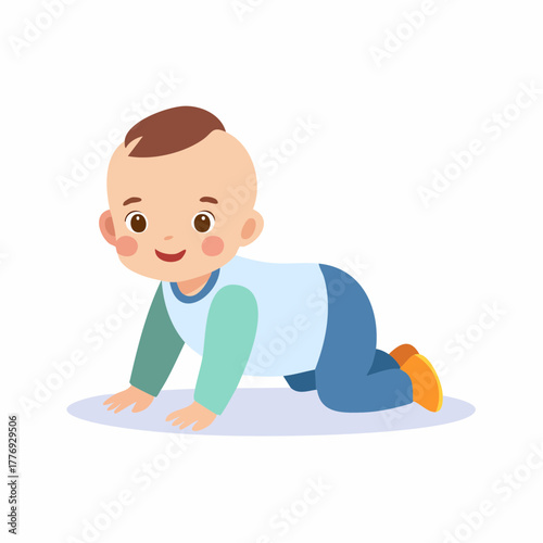 Cartoon Baby Crawling with a Cheerful Expression and Colorful Outfit.