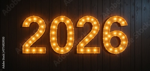 2026 Marquee Sign Luminous Light Bulbs: Bright golden vintage incandescent lamps glowing on a dark wooden background for New Year's Eve celebration and festival design.