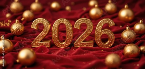 Luxurious and Elaborate 2026: Ornate engraved gold letters resting on vibrant red velvet with festive holiday baubles and gold glitter for New Year's Eve celebration.