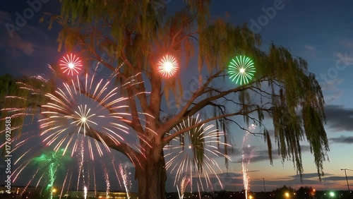 Pyrotechnic Display Featuring a Variety of Exploding Projectiles that Create a Cascading Visual Effect Resembling a Weeping Willow