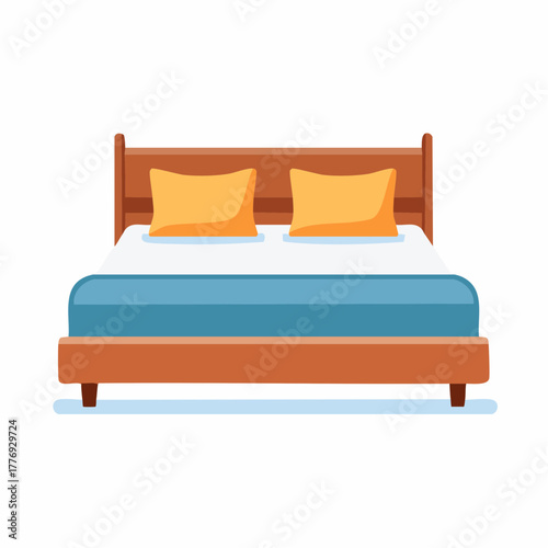 Cartoon Bed with Wooden Frame and Two Yellow Pillows.