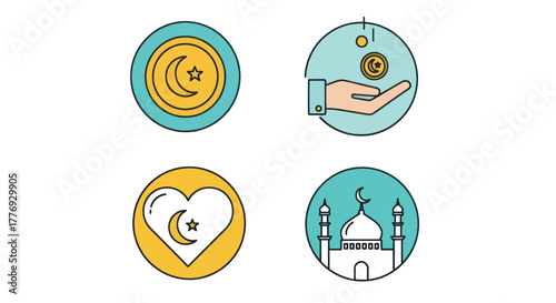 Islamic symbols of faith and charity in colorful circular icons.