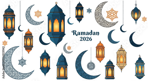 Ramadan 2026 Islamic Crescent Moons and Lanterns Decorative Elements.