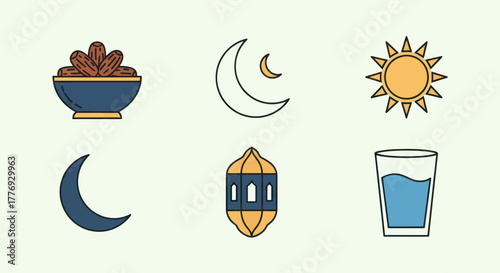 Ramadan Icons Set with Dates Moon Sun Lantern and Water Glass.