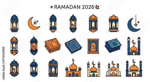 Ramadan 2026 Festive Collection of Lanterns, Crescent Moons, and Mosques.