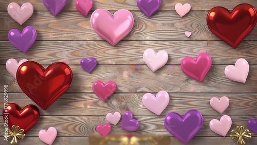 Romantic Themed Background for a Greeting Card Composed of Numerous Small Heart Shapes Arranged on a Textured Wooden