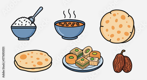 Collection of Middle Eastern Food Items and Desserts.