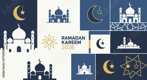 Ramadan Kareem Islamic Mosque and Crescent Moon Symbols for Celebration.